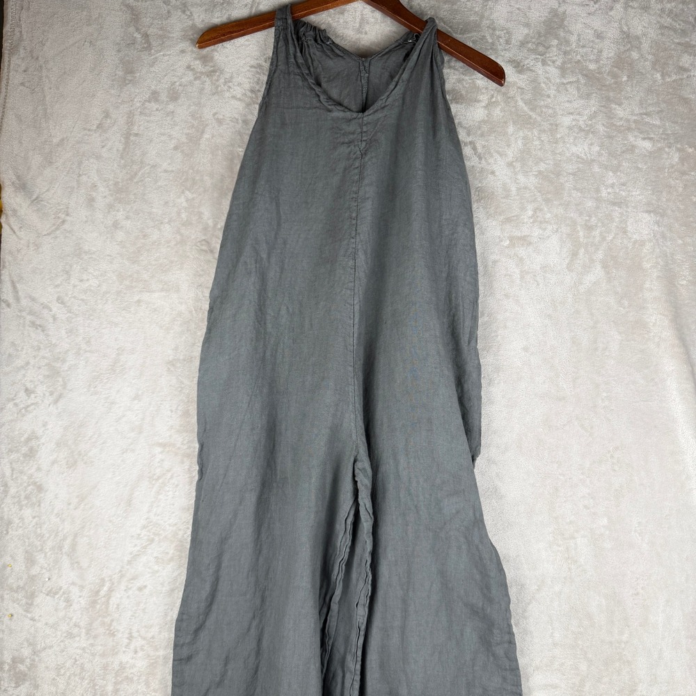 Meo Meli Italy Gray Linen Wide Leg V-Neck Relaxed Jumpsuit overalls One Size